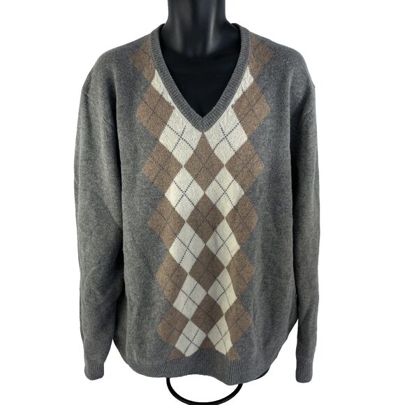 Mens Jos. A. Bank Argyle V-Neck Wool Blend Sweater Sz XL Gray Brown Preppy - Picture 5 of 6